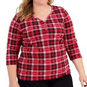 New KAREN SCOTT Red Buffalo Plaid 3/4-Sleeve Henley Top Size 2X Casual Stretch